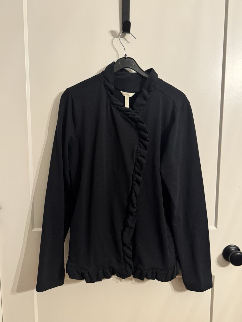 Matilda Jane Navy Soft High Neck Knit Snap Front Ruffle Jacket Sz L Boho Office